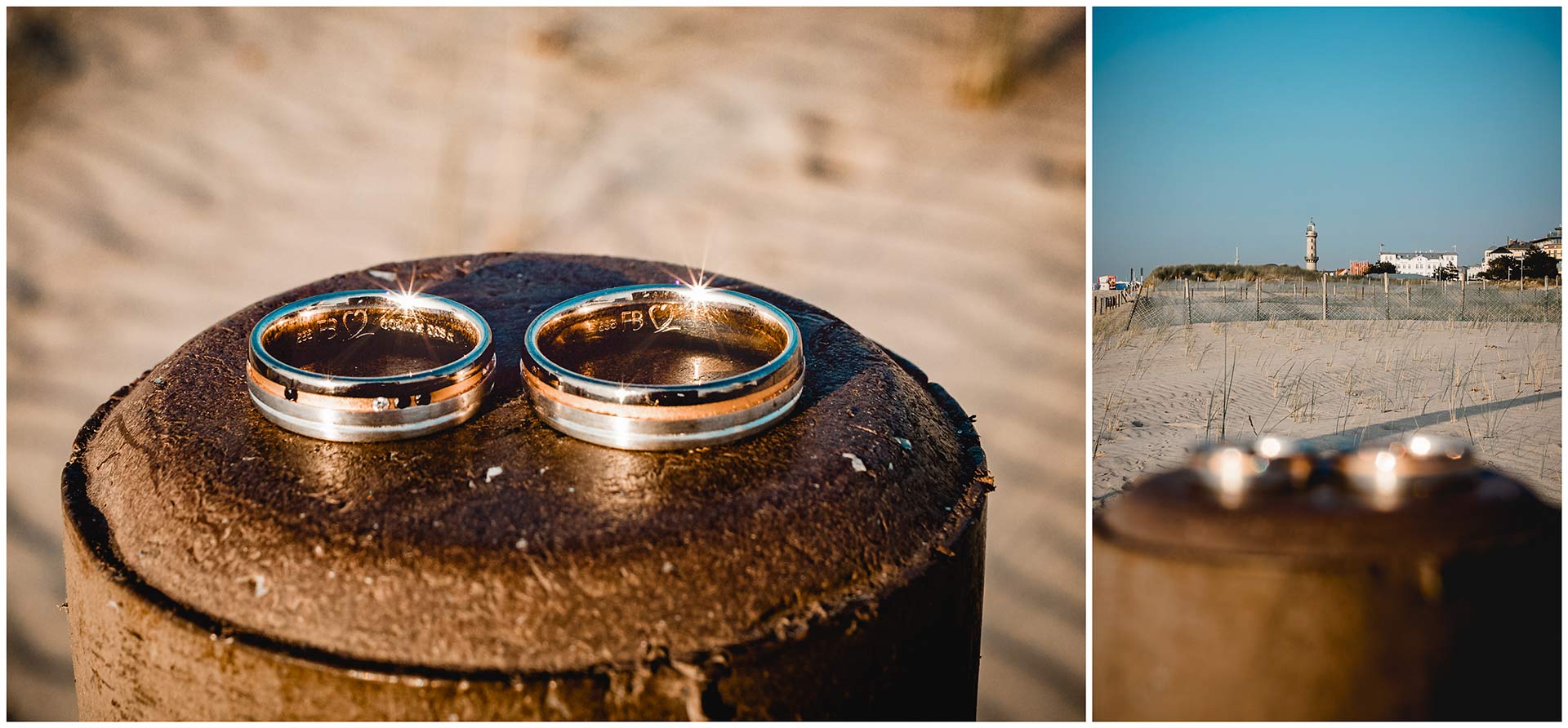 Eheringe-liegen-nebeneinander-im-Hintergrund-der-Leuchtturm-von-Warnemuende-Hochzeit-am-Strand-Hochzeitsfotograf-Warnemuende-Hochzeitsfotograf-Rostock-Hochzeitsfotograf-Ostseebad-Warnemuende