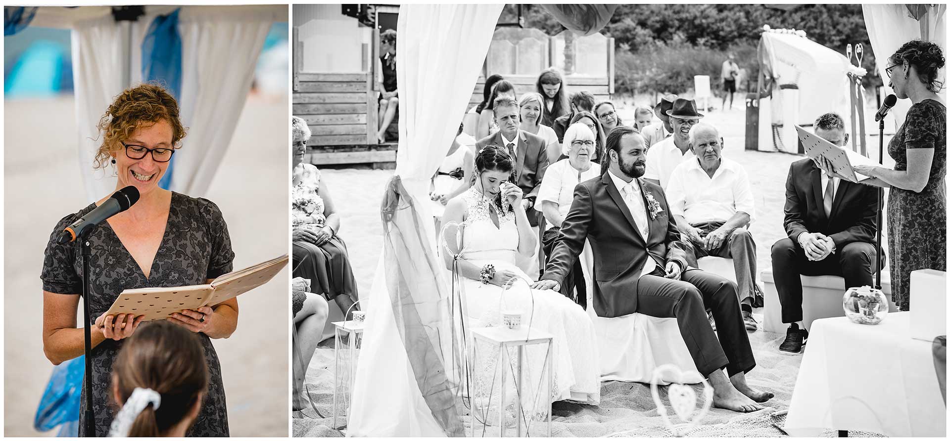 Foto-1_Traurednerin_Tante-der-Braut-haelt-bei-der-Freien-Trauung-am-Strand_Foto 2_Brautpaar-und Gaeste-Hochzeit-am-Strand-Hochzeitsfotograf-Warnemuende-Hochzeitsfotograf-Rostock-Hochzeitsfotograf-Ostseebad-Warnemuende