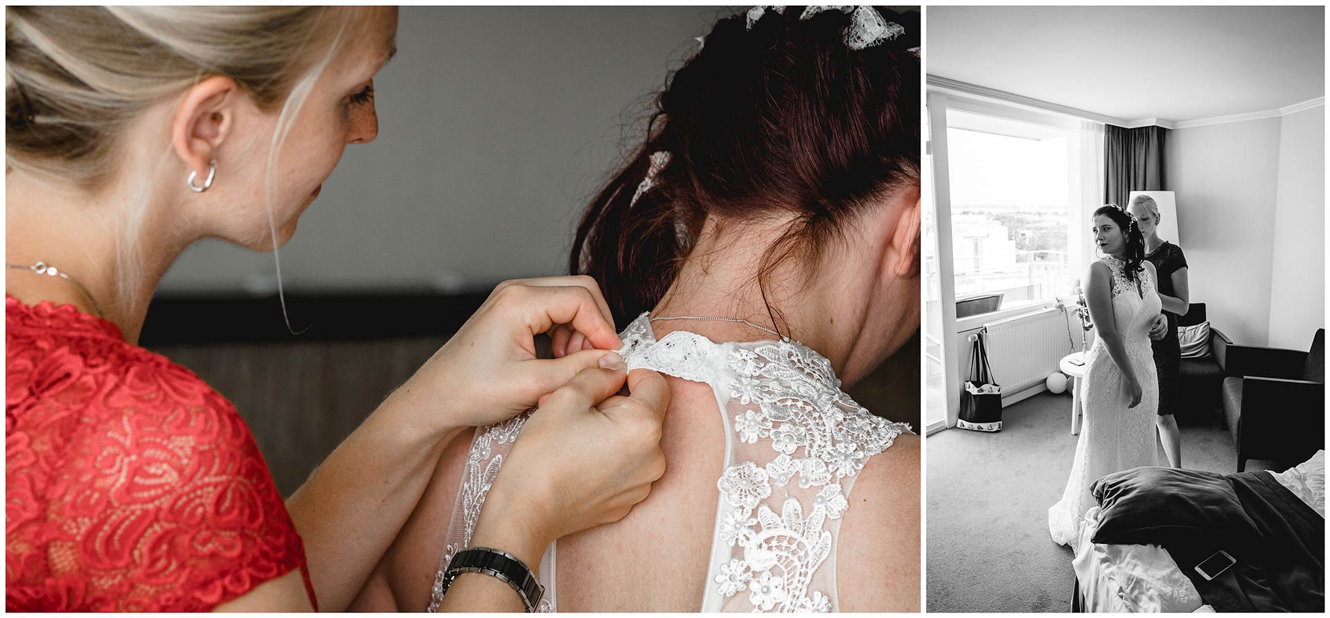 Trauzeugin-hilft-Braut-beim-Ankleiden-macht-Knopf-vom-Hochzeitskleid-zu-Hochzeitsfotograf-Warnemuende-Rostock-Hochzeitsfotograf-Ostseebad-Warnemuende