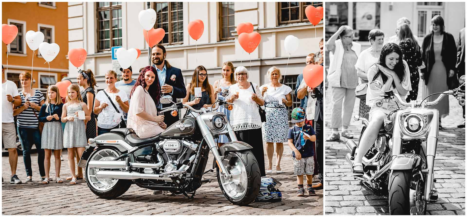 Braut sitzt auf Harley Davidson, Braut freut sich über die Harley Davidson - Hochzeitsfotograf in Teterow